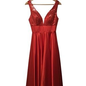 Handmade Red Satin Gown Dress Womens 2 Sleeveless Sequins Formal Prom Bridal